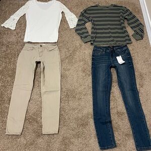 ALL 4pc Bundle Women’s Jrs Small 3 Khaki Denim Jeans Lace Blouse Stripe Sweater